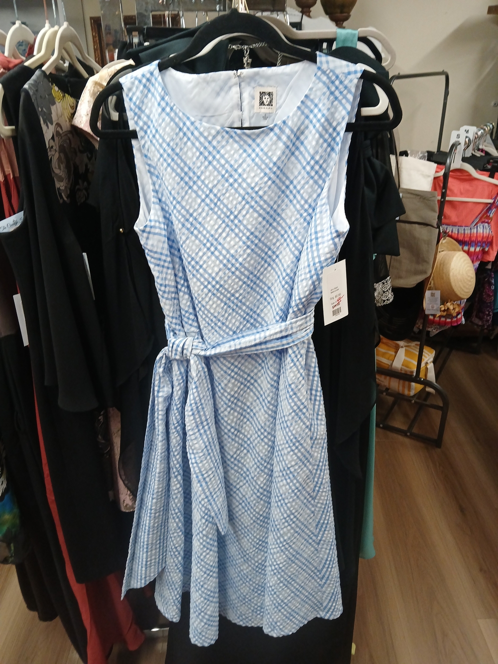 Anne Klein Seersucker Plaid Tie-Waist Midi Dress